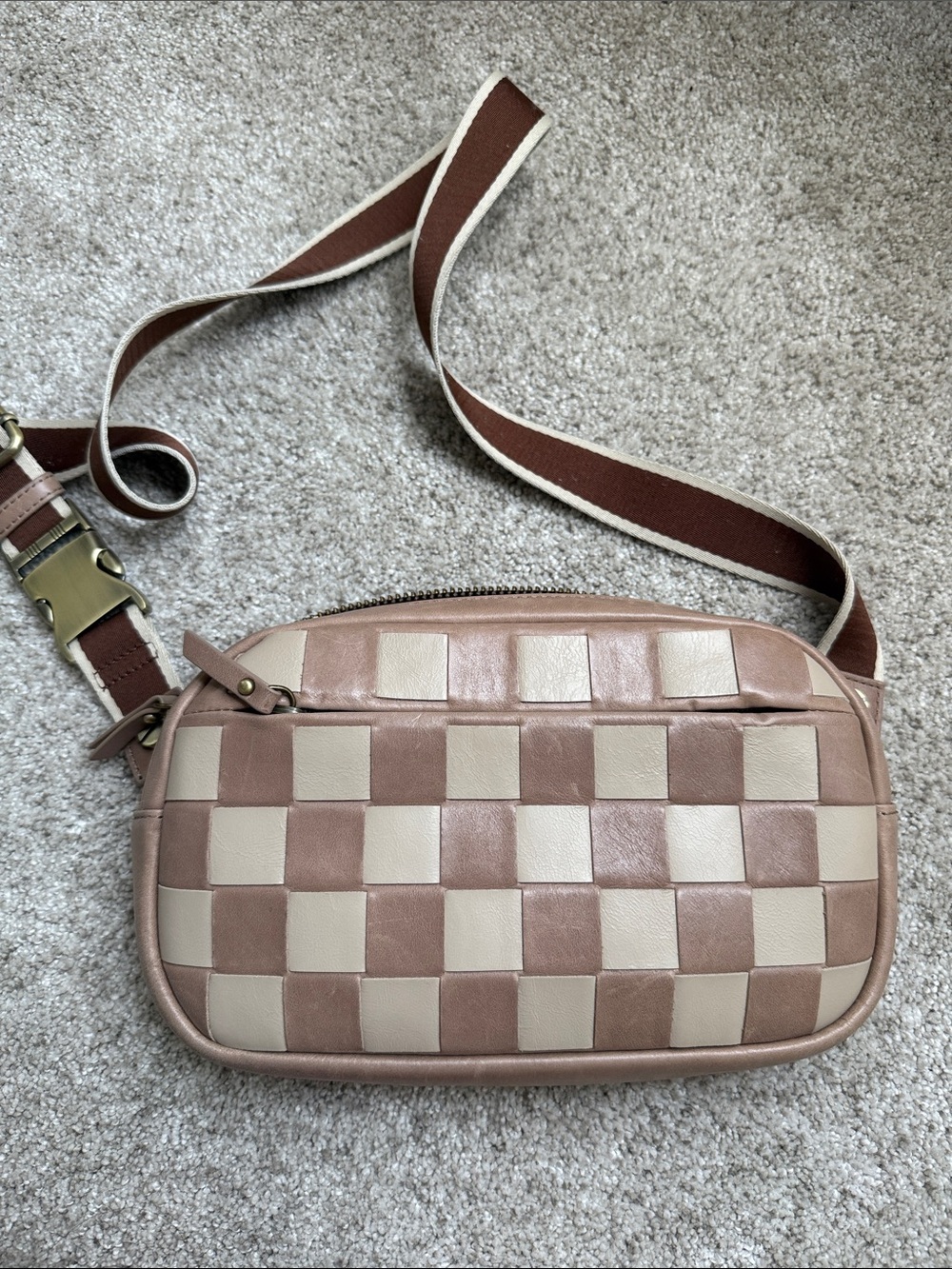 Andar leather and Woven Checker Crossbody Bag in tan and Cream